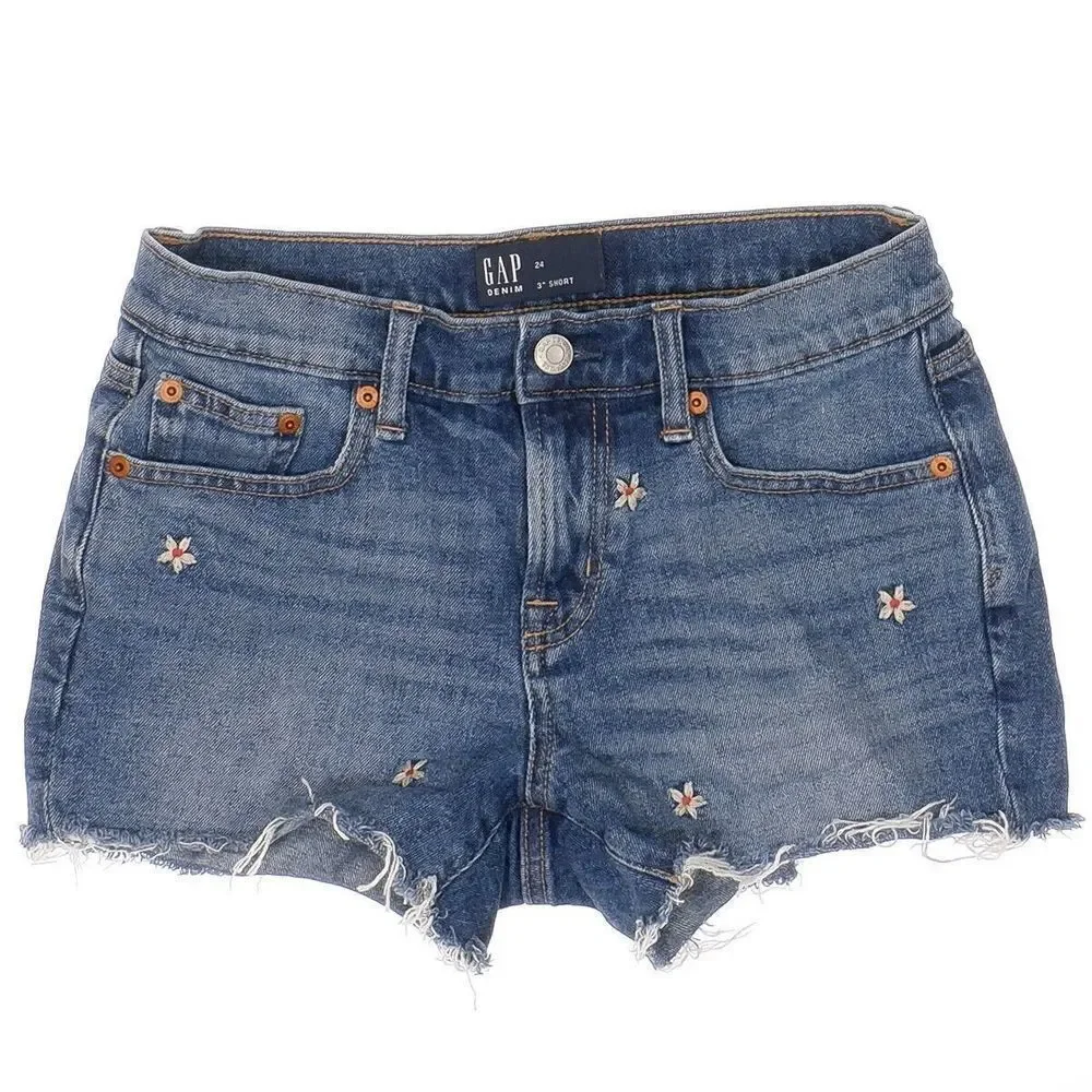 Gap Shorts Size 24 Womens Floral Embroidered Raw Hem Blue Measures W27